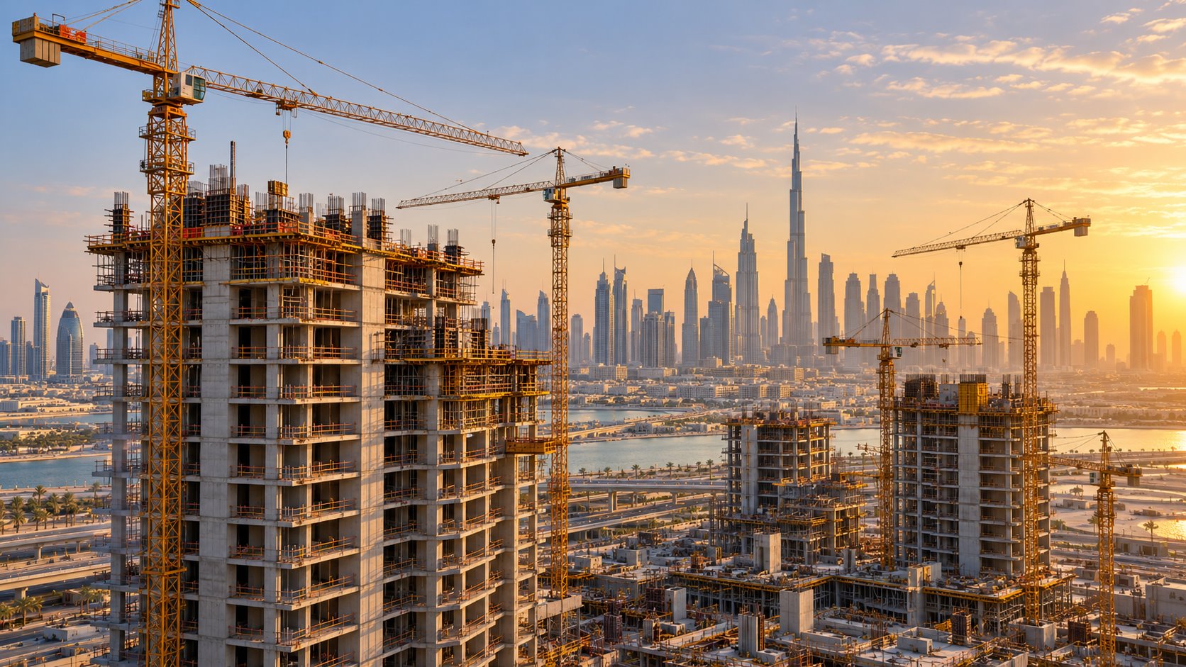 Illustrative Dubai development with tower cranes and skyline