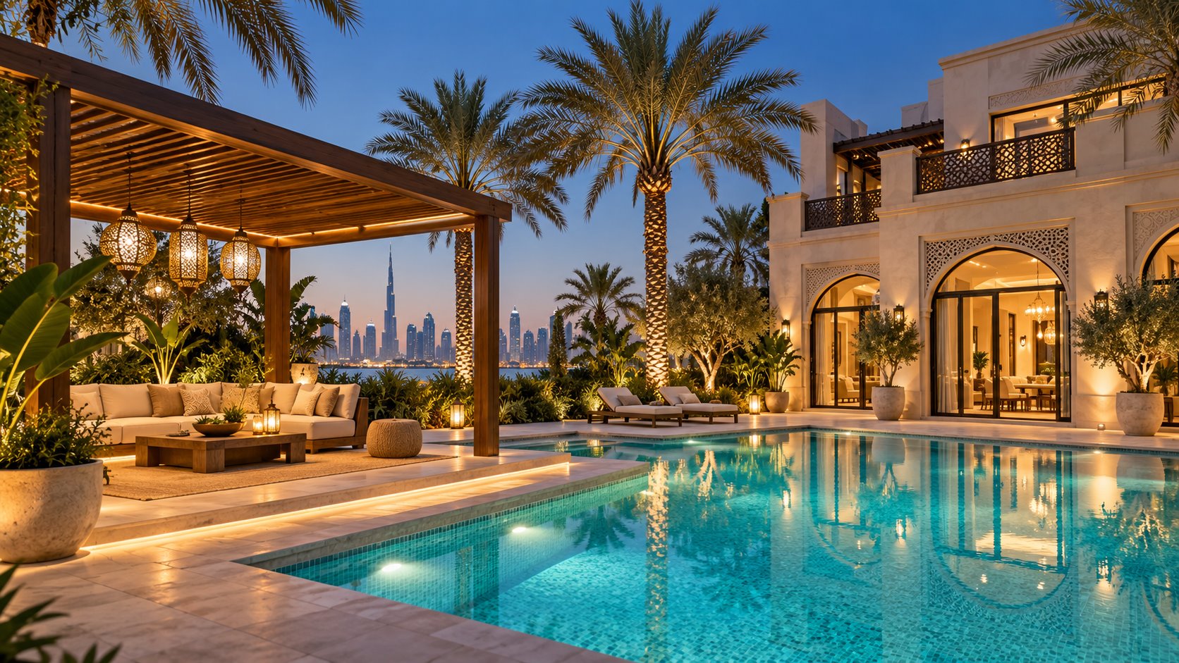 Illustrative Dubai villa courtyard with palms and swimming pool