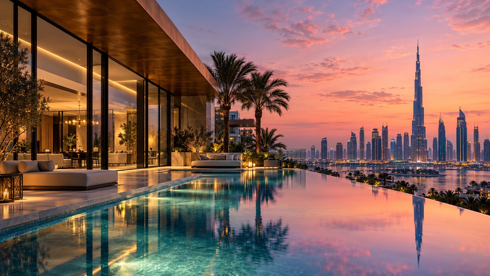 Top Real Estate in Dubai — illustrated luxury villa, infinity pool and skyline at sunset
