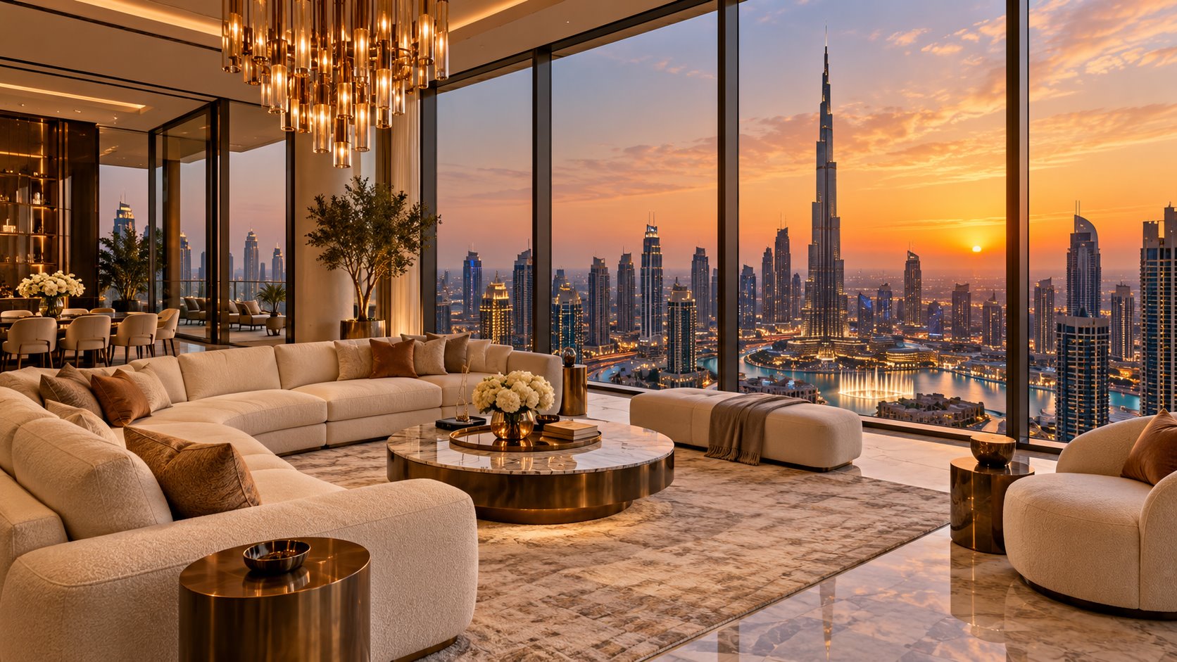 Illustrative Dubai penthouse interior and skyline views