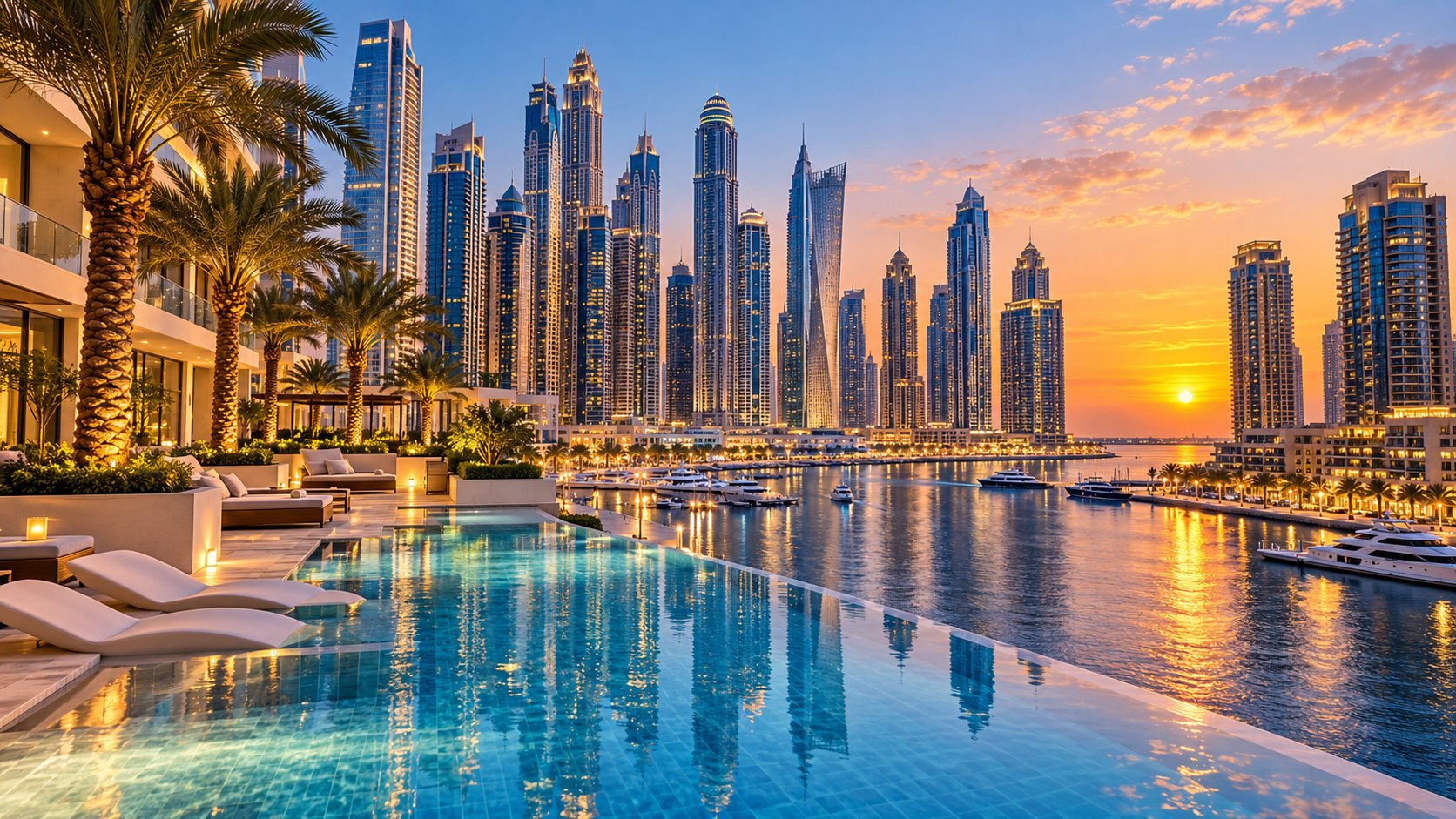 Illustrative Dubai Marina waterfront and luxury pool deck