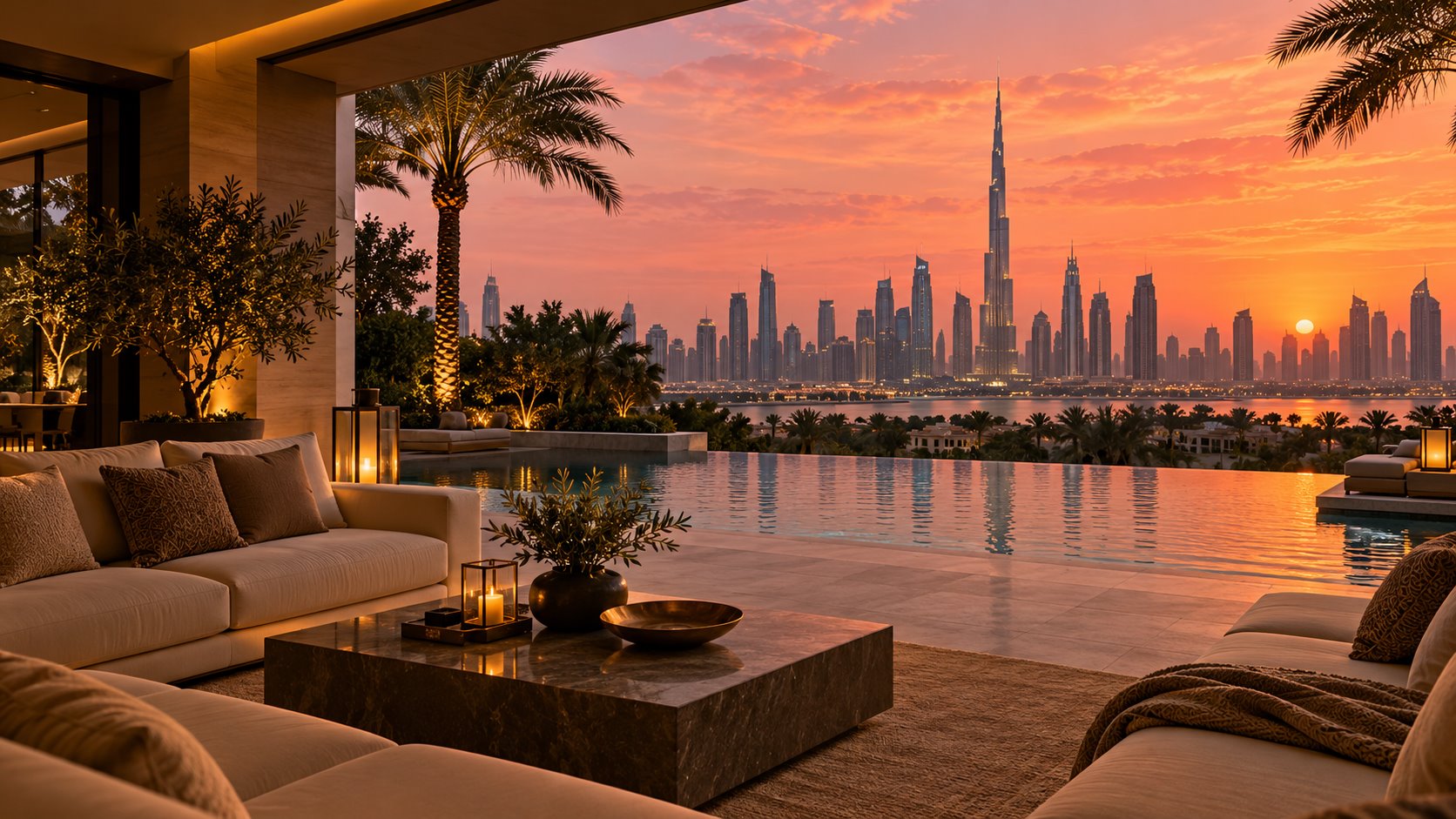 Illustrative Dubai terrace overlooking an infinity pool at sunset