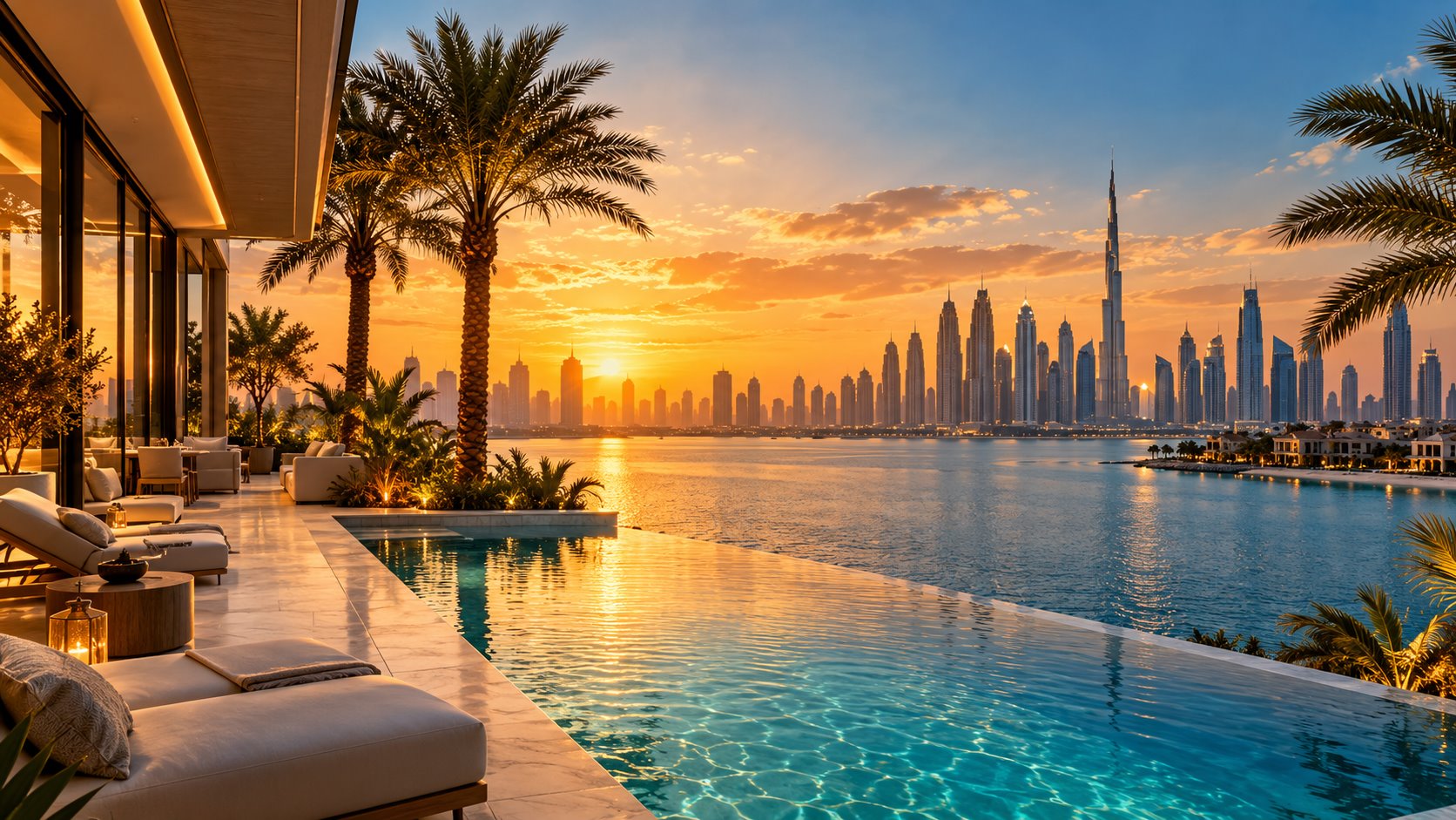 Illustrative Dubai waterfront property with city skyline